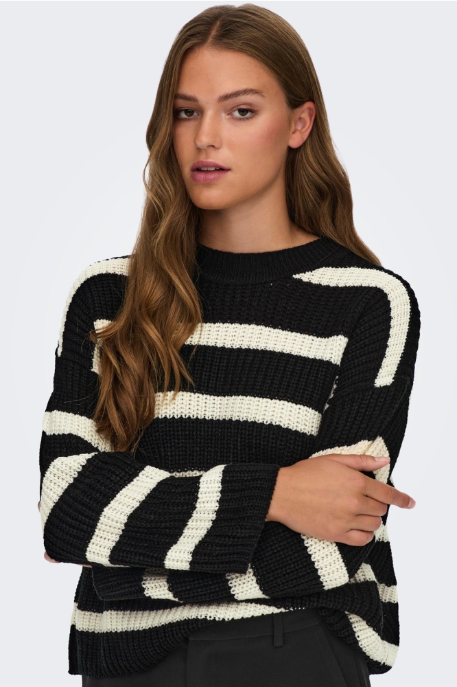 JDYJUSTY L/S STRIPE PULLOVER KNT NO 15264902 BLACK/EGGNOG